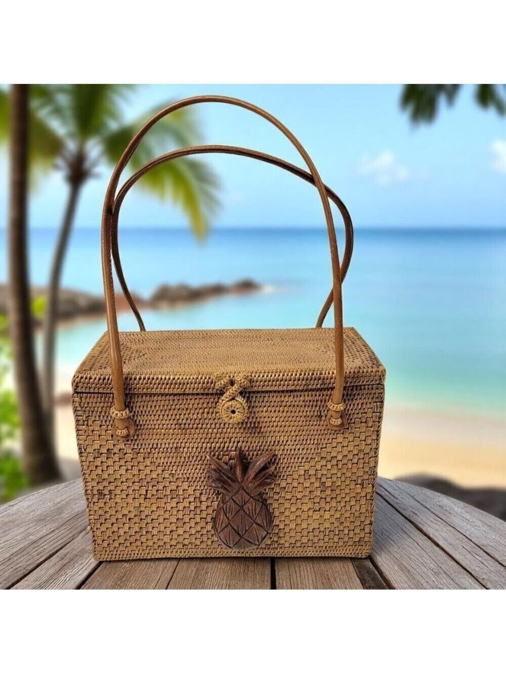 Dewi Artisan Woven Rattan Pineapple Box Purse – Coastal Boho Summer Bag